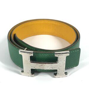 HERMES vintage H belt Buckle Belt Accessories Trouser Belt Leather yellow/Green